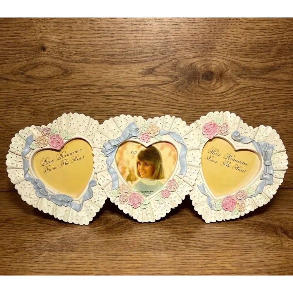 Vintage Triple Heart Shape Picture Frame ~ Lacey Flowers & Ribbons Coquette EUC